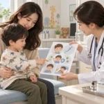 소아과 진료실에서 보호자와 함께 앉은 아이가 예방접종 안내문을 받는 장면