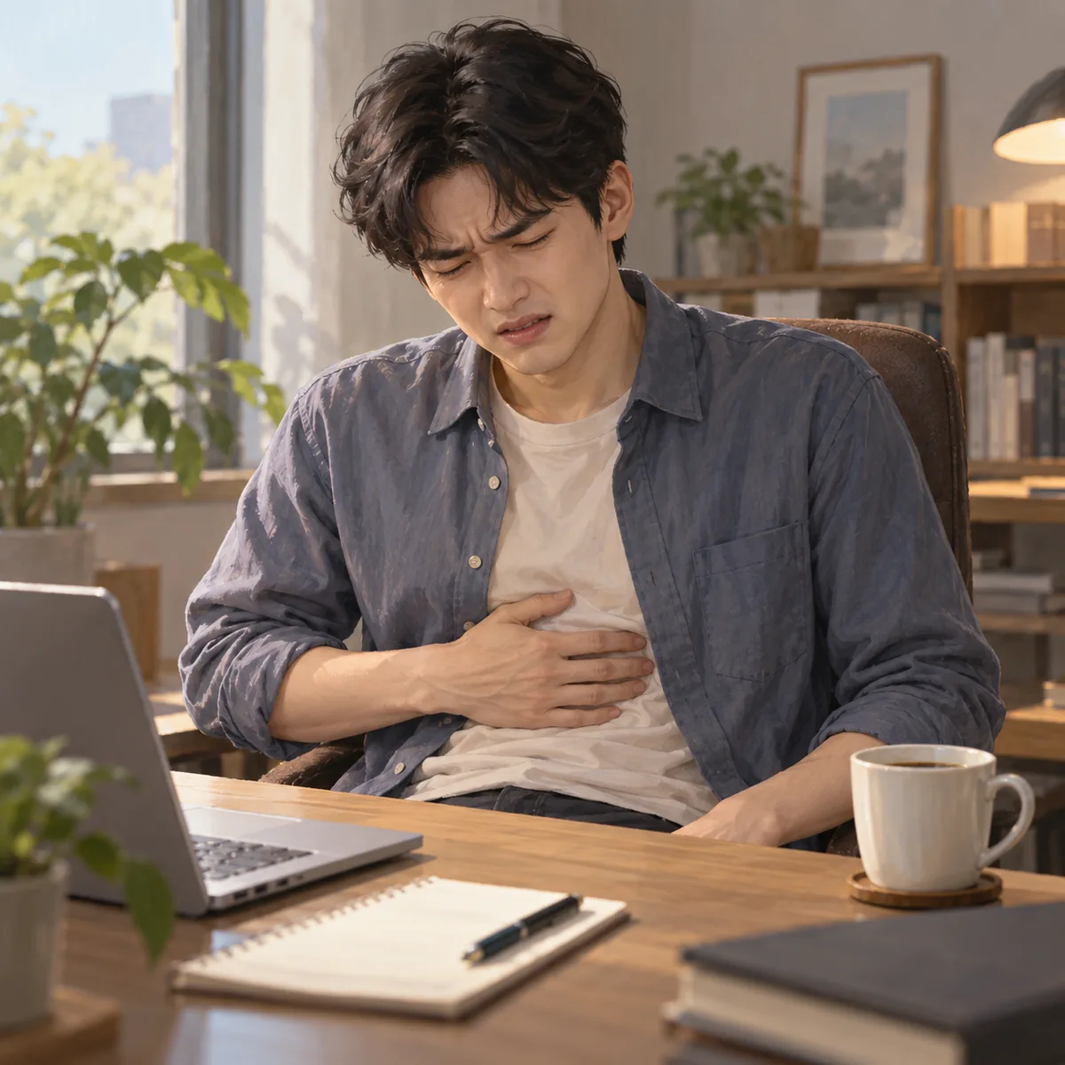책상에 앉아 명치 부근을 손으로 누르며 불편한 표정을 짓는 사람과 옆에 놓인 식은 커피잔
