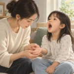 보호자가 아이의 손바닥을 살펴보고 아이가 입을 벌리고 앉아 있는 장면