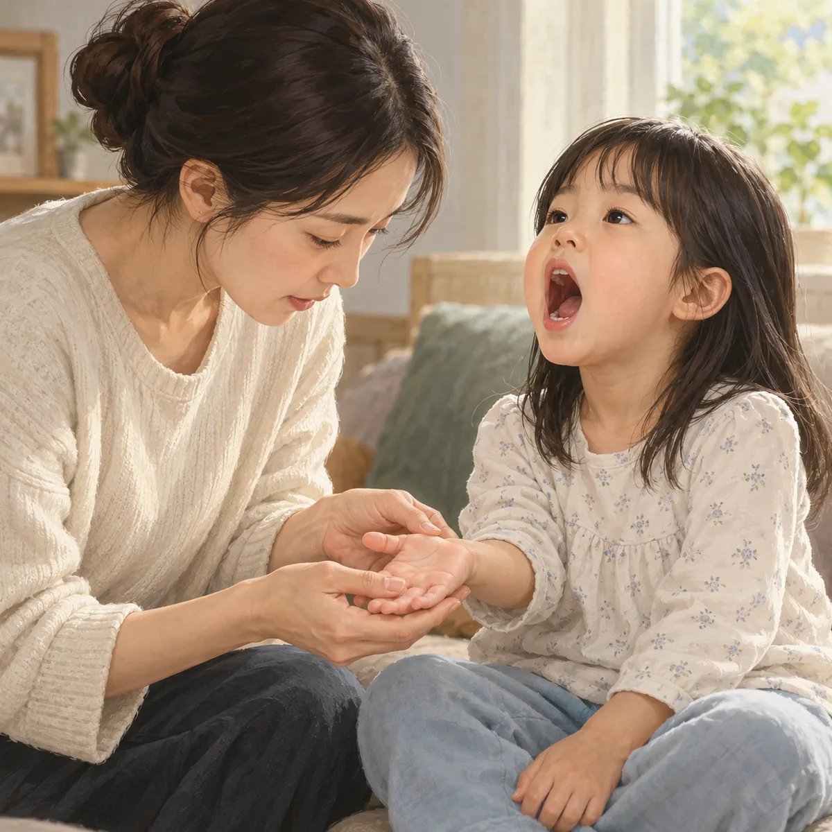 보호자가 아이의 손바닥을 살펴보고 아이가 입을 벌리고 앉아 있는 장면