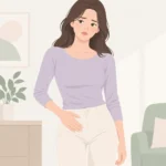 오른쪽 아랫배와 골반 부위에 손을 얹고 서 있는 여성의 상반신