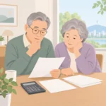 서류와 계산기를 앞에 두고 기초연금 자격 조건을 확인하는 노년층 부부