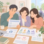 장기요양보험 고지서와 등급 안내 자료를 책상에 펼쳐 놓고 살펴보는 중년 가족의 모습