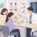 진료실에서 척추 모형을 사이에 두고 척추 측만증 보조기와 운동 관리에 대해 설명을 듣는 청소년과 보호자