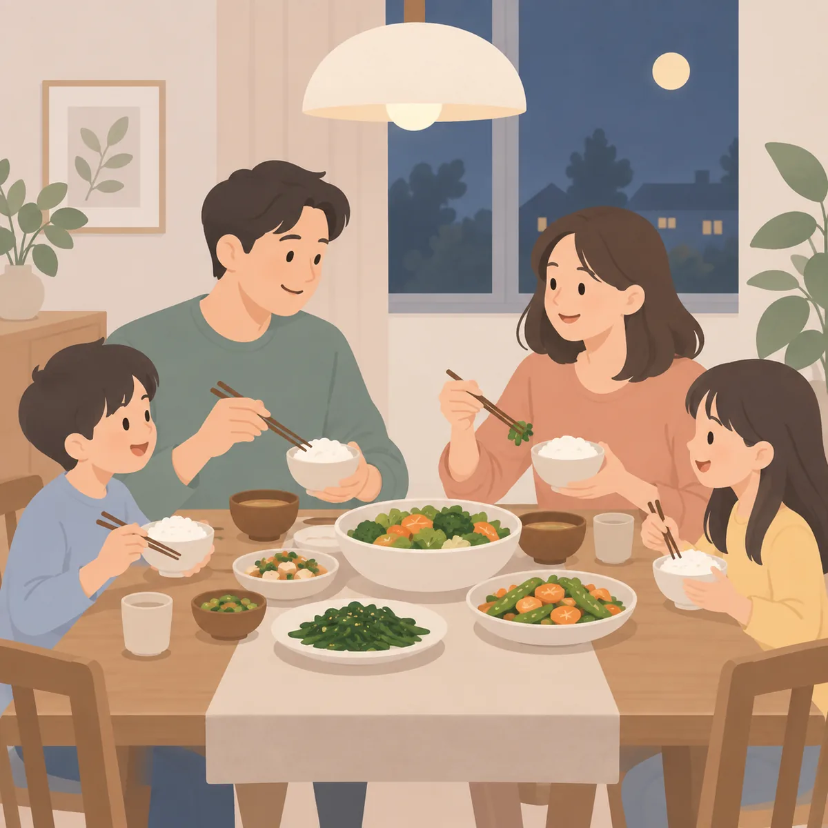가족 네 명이 함께 식탁에 앉아 채소와 밥이 담긴 그릇을 나눠 먹는 저녁 식사 장면