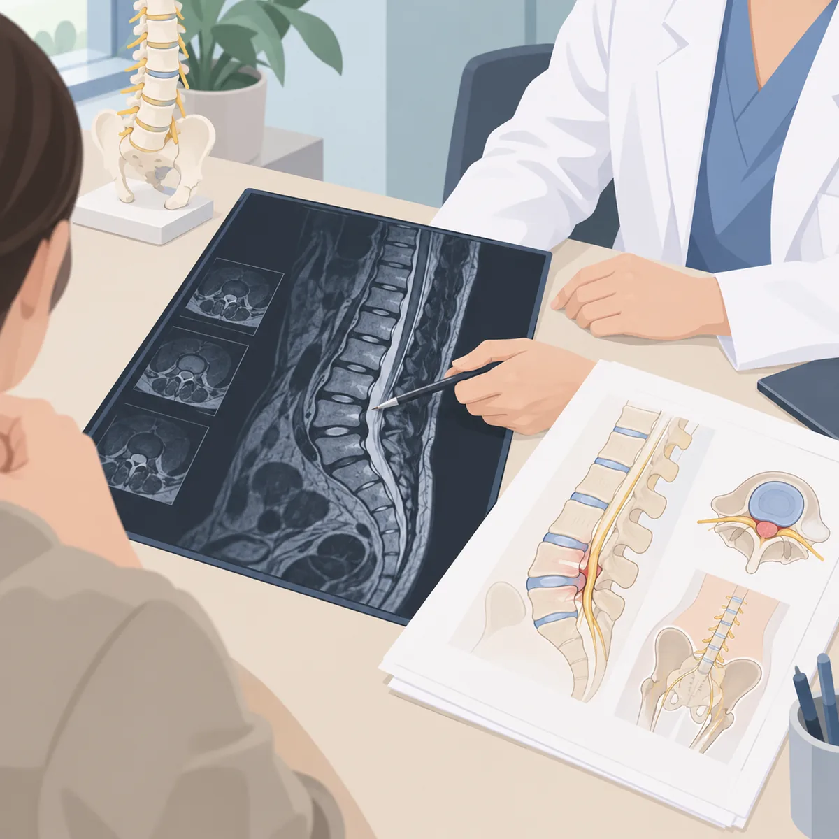 허리 MRI 영상과 진료 상담 서류를 함께 놓고 수술 계획을 확인하는 진료실 책상 장면