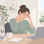 목 뒤쪽과 관자놀이를 손으로 누르며 책상 앞에 앉아 있는 사람