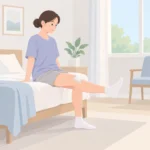 무릎 수술 후 회복 중인 사람이 침대에 앉아 무릎을 천천히 펴는 재활 동작을 하는 모습
