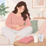 생리통으로 아랫배에 손을 올린 여성 곁에 놓인 온열 팩과 영양제 병, 물컵
