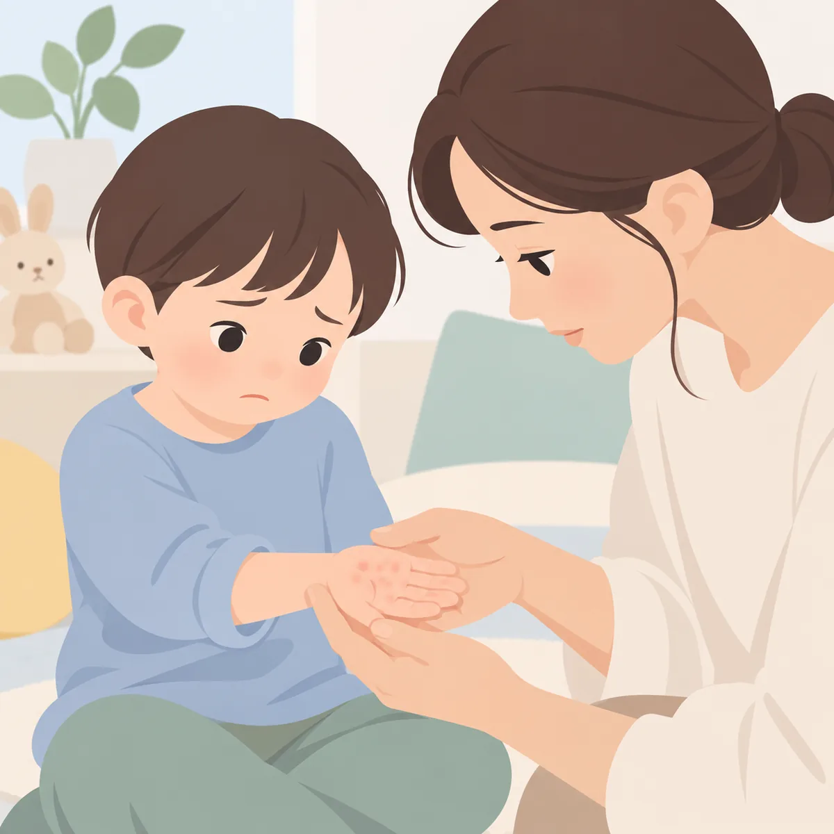 아이의 손바닥에 생긴 붉은 발진을 보호자가 살펴보는 모습