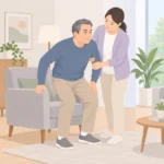 거실 의자 옆에서 보호자의 보조를 받으며 앉았다 일어서는 연습을 하는 중년 남성
