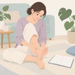 발 상태를 손으로 확인하는 사람과 옆에 놓인 혈당 기록 수첩