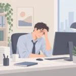 책상 앞에서 모니터를 보다 말고 이마를 짚은 채 지쳐 있는 직장인의 모습
