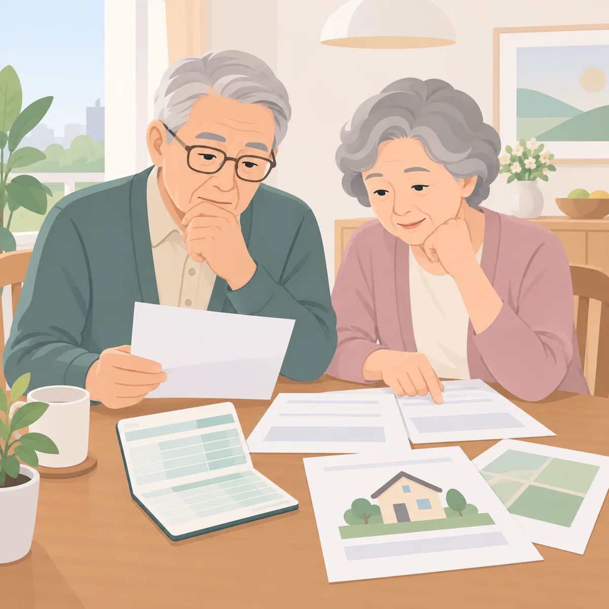 노인 부부가 식탁에서 기초연금 신청 서류와 통장, 부동산 서류를 펼쳐놓고 함께 살펴보는 모습