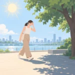 더운 여름날 실외에서 관자놀이를 짚으며 그늘로 이동하는 사람