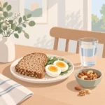 식탁 위에 통곡물빵, 삶은 달걀, 견과류, 물컵이 놓인 아침 식사 장면