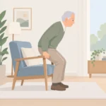노인이 의자 팔걸이를 짚고 천천히 일어서는 모습을 옆에서 바라본 장면