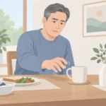 중년 남성이 식탁에서 컵을 잡으려는 순간 손끝이 미세하게 떨리는 모습