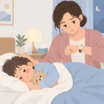 열이 나는 아이를 옆으로 눕히고 보호자가 시계를 보며 상태를 살피는 모습