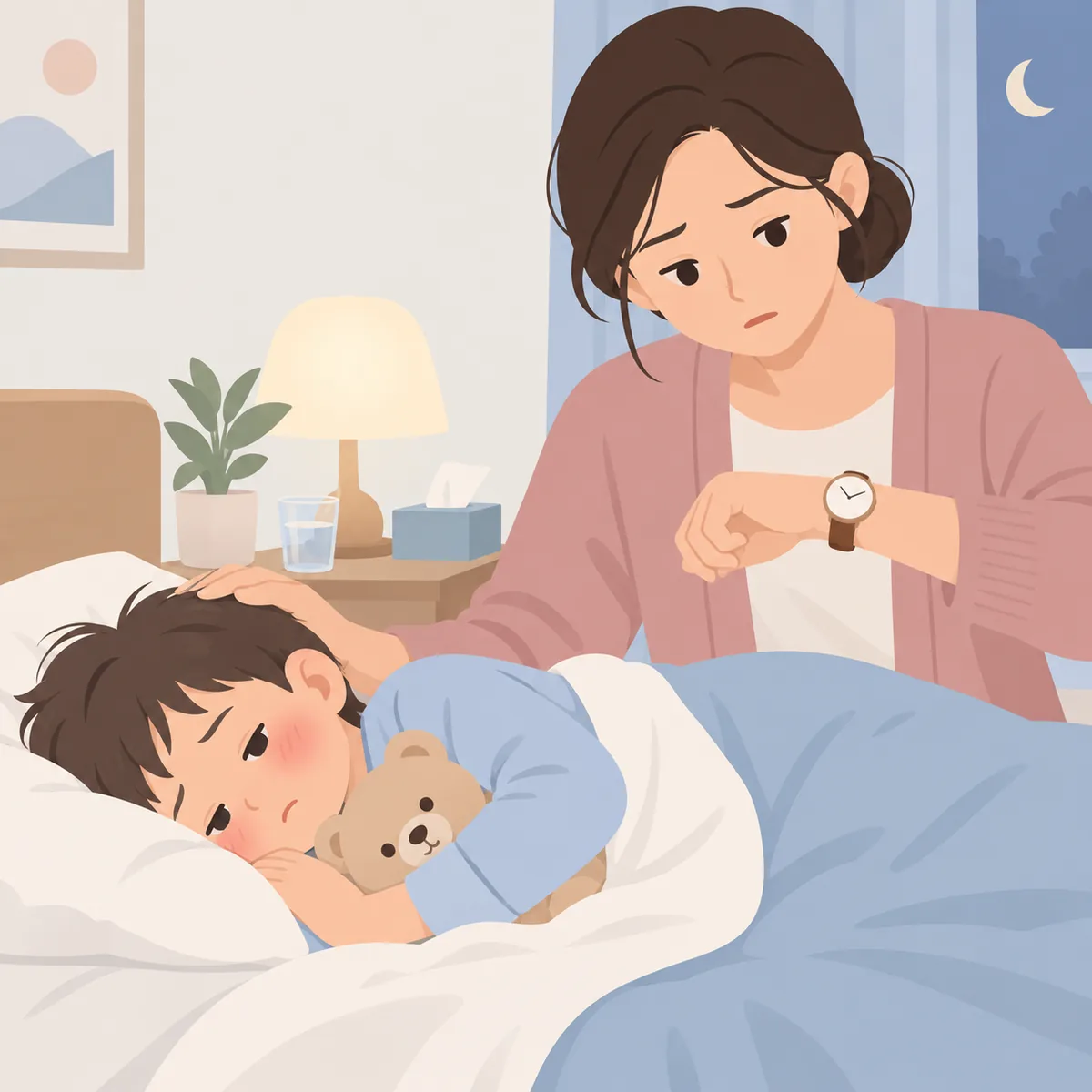 열이 나는 아이를 옆으로 눕히고 보호자가 시계를 보며 상태를 살피는 모습