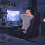 책상 앞에서 게임을 하다가 목을 돌리며 어깨를 푸는 사람과 어두운 방의 모니터 불빛