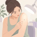 팔 위쪽에 생긴 검은 점을 밝은 조명 아래에서 자세히 들여다보는 모습
