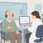 청력검사실에서 헤드폰을 쓰고 순음청력검사를 받는 노인과 옆에서 검사 결과를 확인하는 의료진
