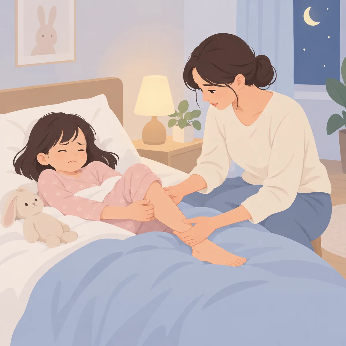 잠자리에 든 아이가 이불 위에서 종아리를 손으로 감싸 쥐고 있고 옆에 앉은 보호자가 다리를 살펴보는 모습
