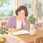 중년 여성이 식탁에서 걷기 기록 수첩에 날짜와 변화를 적고 있는 모습
