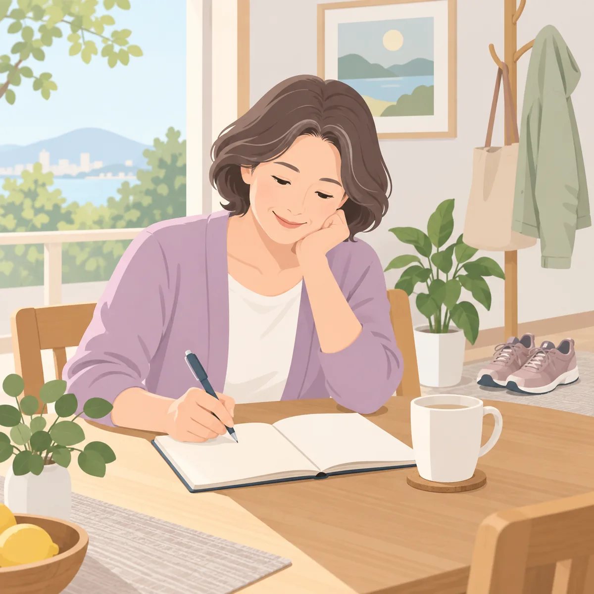 중년 여성이 식탁에서 걷기 기록 수첩에 날짜와 변화를 적고 있는 모습