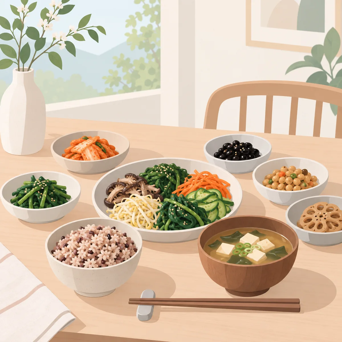 식탁 위에 놓인 채소와 통곡물, 콩류 반찬이 담긴 한식 밥상