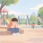 놀이터 한쪽에 혼자 앉아 있는 통통한 체형의 초등학생 아이와 멀리서 지켜보는 엄마