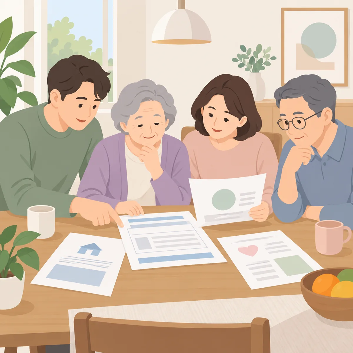 노인장기요양 신청 서류와 장기요양인정서를 식탁에 펼쳐 놓고 가족과 어르신이 함께 살펴보는 모습