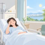 어지럼으로 침대에 누워 있는 환자와 병실 창밖으로 보이는 낮 풍경