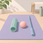 스트레칭 매트 위에 스트레칭 마사지기, 스트레칭 볼, 스트레칭 봉이 나란히 놓인 모습