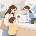 보호자가 아이와 함께 소아청소년과 접수대에서 예방접종 안내문을 확인하는 장면