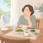 선풍기가 놓인 식탁에서 물 한 잔과 채소, 두부 반찬이 담긴 식사를 앞에 둔 중년 여성