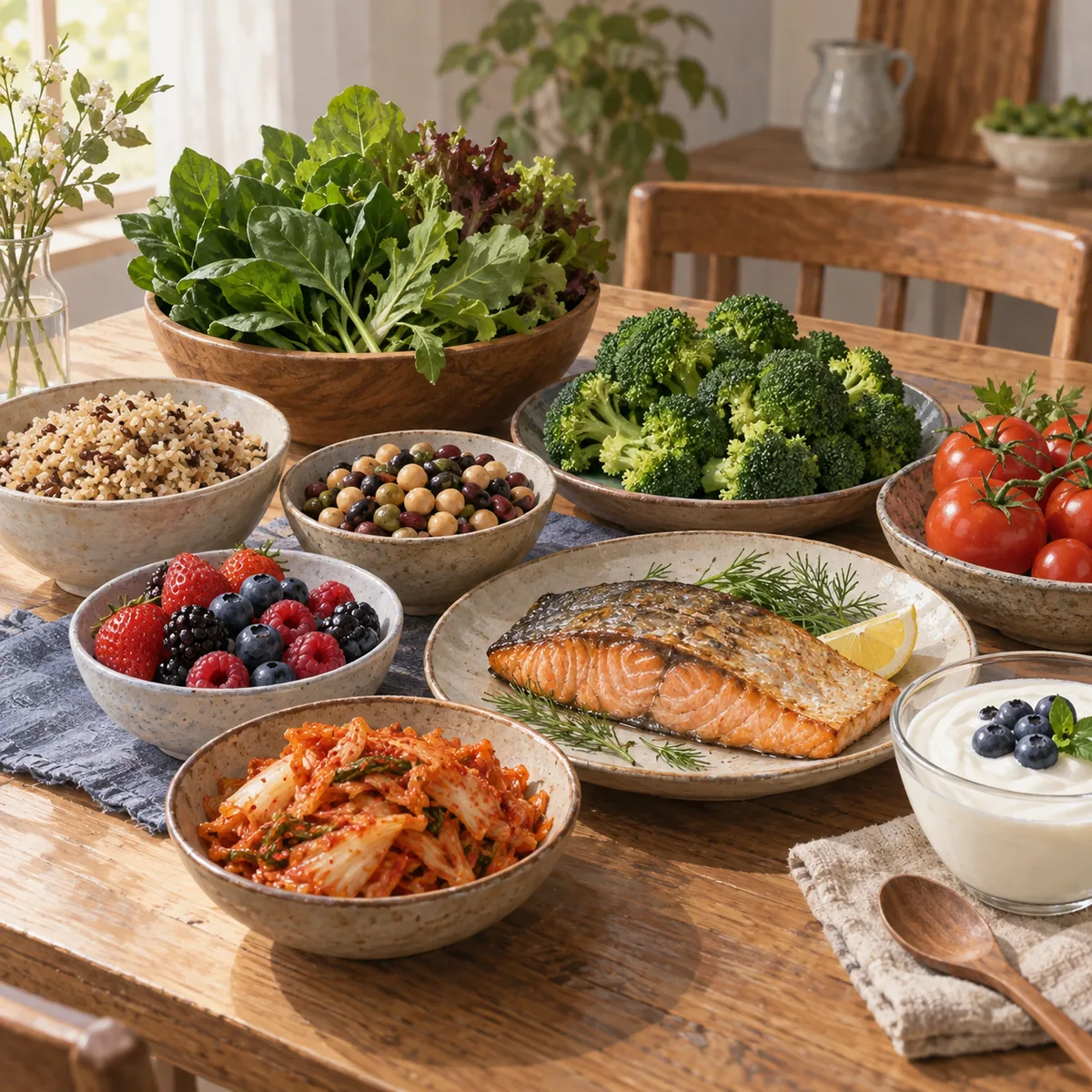통곡물, 콩, 잎채소, 브로콜리, 토마토, 베리류, 김치, 요구르트, 생선이 함께 놓인 식탁