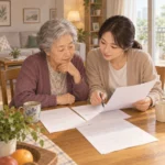 거실 식탁에서 노인과 보호자가 장기요양인정 신청서와 서류를 함께 살펴보는 모습
