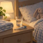 아이 침대 옆 작은 탁자에 놓인 체온계와 물컵, 접어 둔 담요