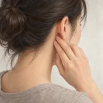 귀 뒤쪽과 목 경계 부위를 손으로 짚어보는 모습을 담은 일러스트