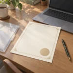 책상 위에 놓인 수료증 서류 한 장과 노트북, 펜, 서류 보관용 클리어파일