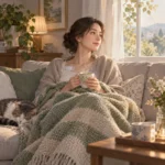 수술 후 회복기를 보내는 여성이 창가 소파에 담요를 덮고 앉아 따뜻한 차를 들고 쉬는 조용한 실내 장면
