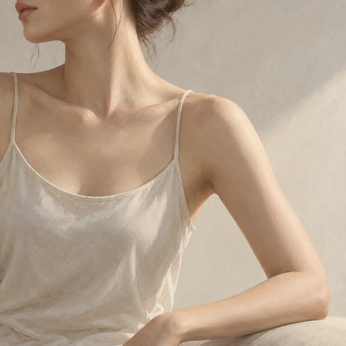 목과 어깨, 팔꿈치로 이어지는 팔 라인을 단순하게 보여주는 상체 일러스트