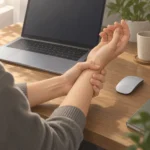 노트북과 마우스가 놓인 책상 위에서 한쪽 손목을 다른 손으로 감싸 쥐고 있는 장면