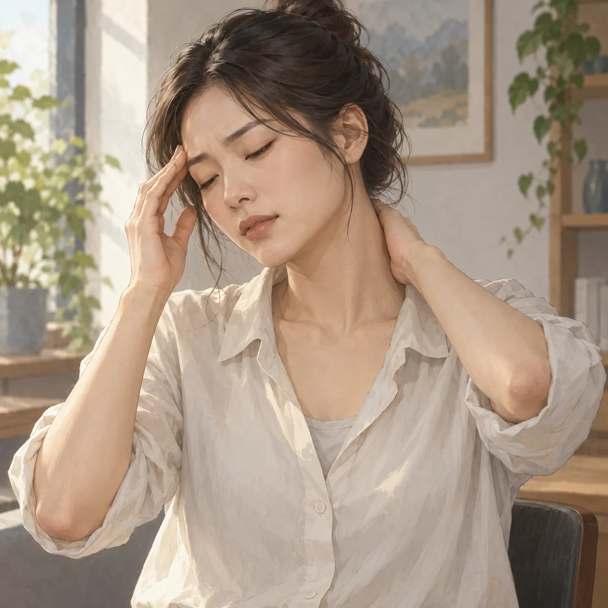 관자놀이와 뒷목을 손가락으로 가볍게 누르는 사람의 상반신 모습