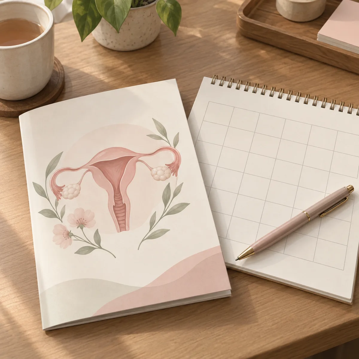 책상에 놓인 산부인과 상담 안내 책자와 달력, 그 위에 올려진 펜