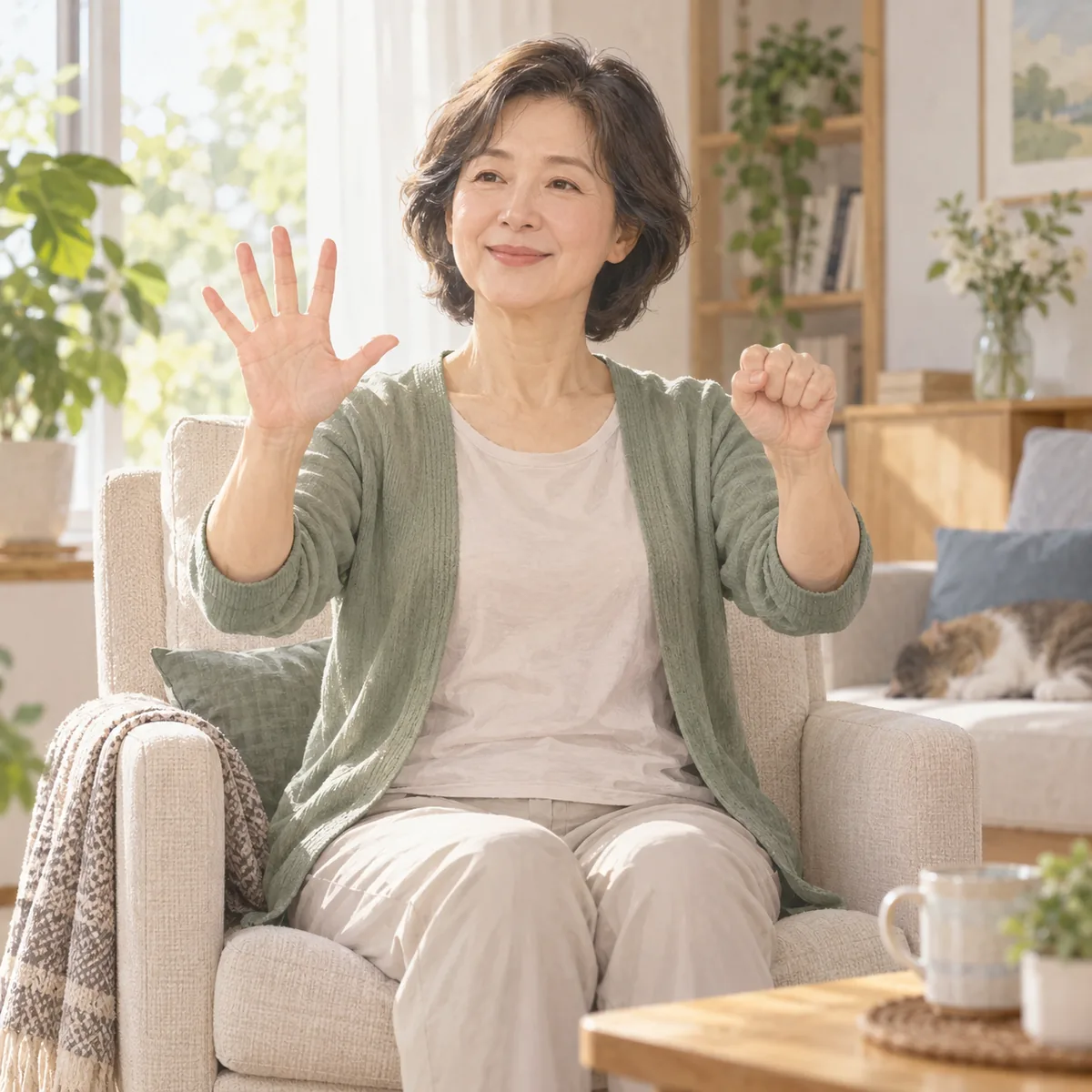 밝은 거실 의자에 앉은 사람이 양손을 번갈아 주먹과 손바닥으로 바꾸며 가볍게 체조하는 모습