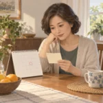 중년 여성이 식탁에 앉아 달력에 적어 둔 메모를 들여다보며 날짜를 확인하는 장면