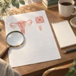 책상 위에 펼쳐진 자궁경부암 검진 결과지와 돋보기, 메모지가 놓인 장면